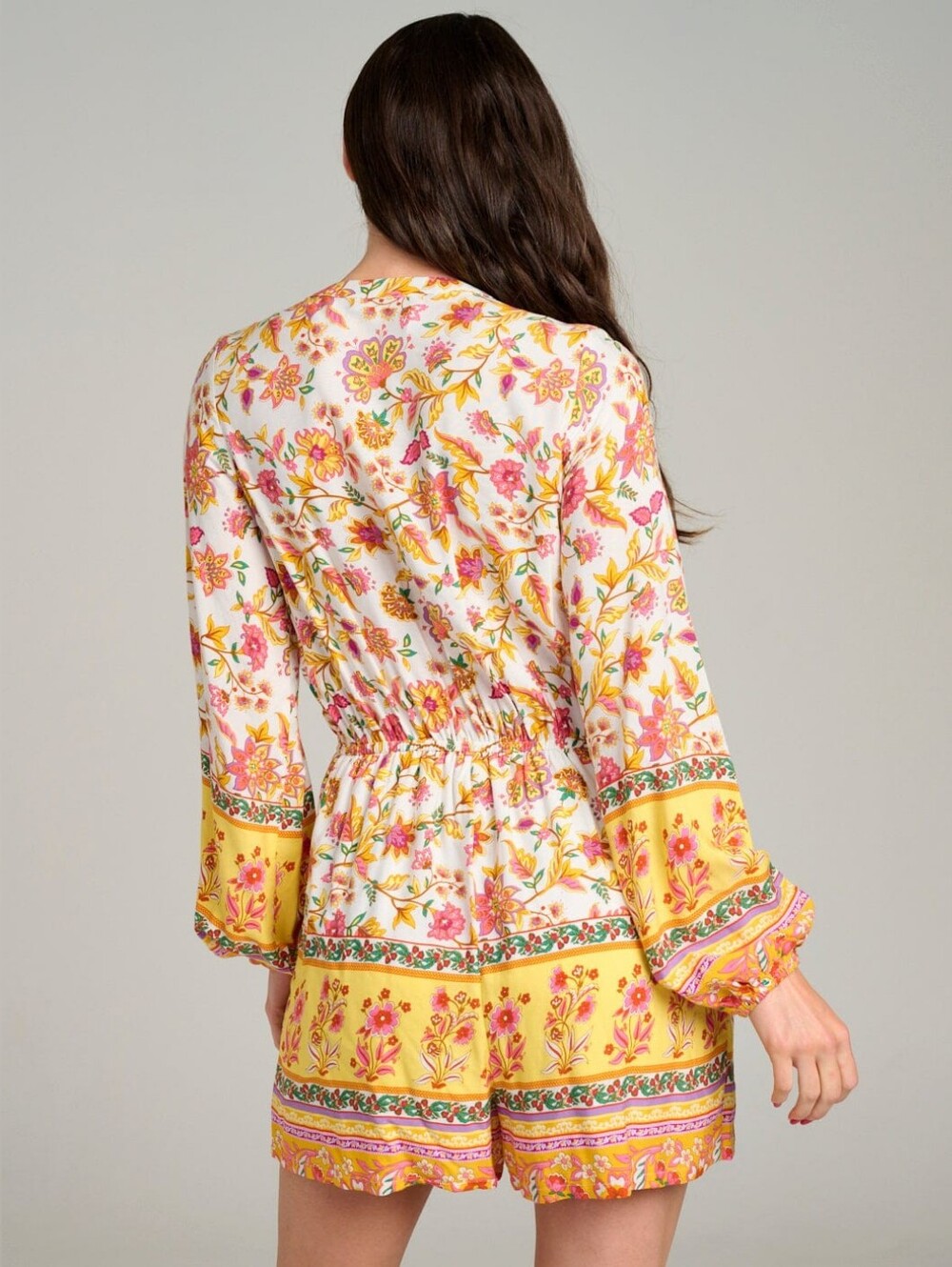 NWT Boho Floral Long-Sleeve Yellow Tie-Front Romper Size S, M & L - Picture 4 of 4